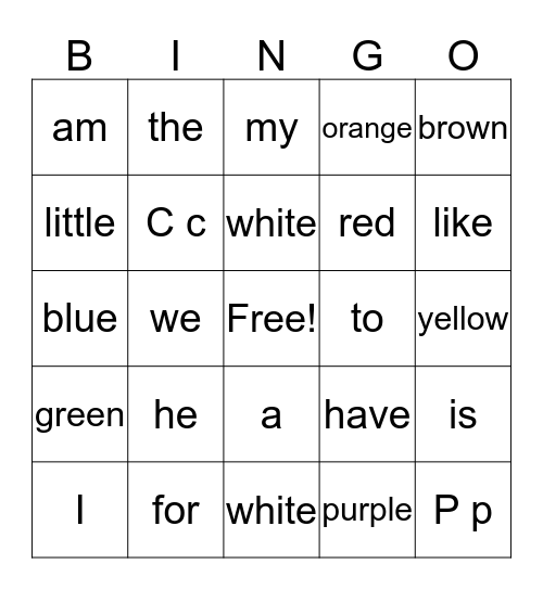 Kindergarten words Bingo Card