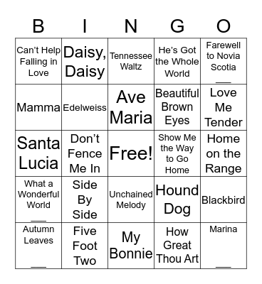 Musical Bingo Card