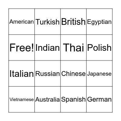 Countries and Nationalities Bingo Card