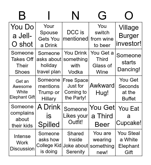 Bunco Xmas Party Bingo Card