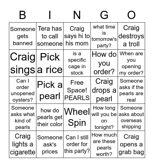 Crazy Craig's Pearl Party Chat Bingo Card