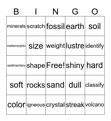 Rocks and Minerals Bingo Card