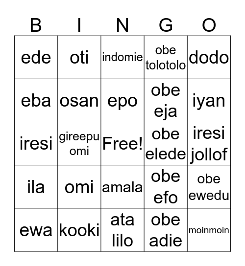 Oúnję ati Ohun Mímu Yorùbá Bingo Card