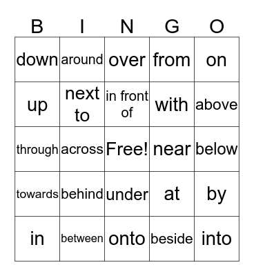 prepositions of place Bingo Card