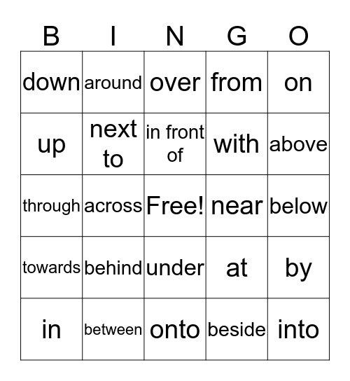 prepositions of place Bingo Card