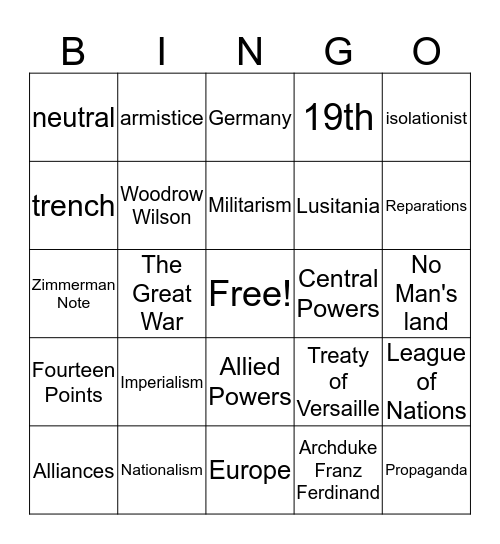 WORLD WAR I Bingo Card