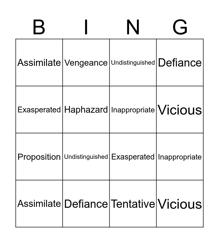 VOCABRAISIN IN SUN Bingo Card