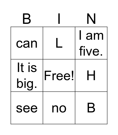 Letters, Words, and Sentences Bingo Card