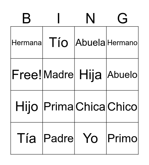 Family Bingo Card