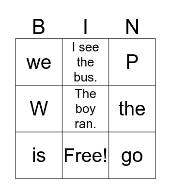 Letters, Words, and Sentences Bingo Card