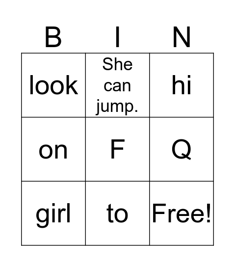 Letters, Words, and Sentences Bingo Card