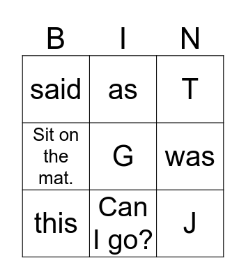 Letters, Words, and Sentences Bingo Card