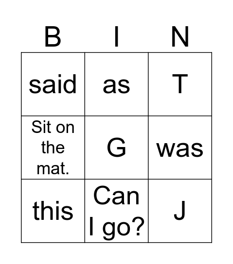 Letters, Words, and Sentences Bingo Card