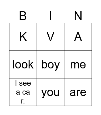 Letters, Words, and Sentences Bingo Card