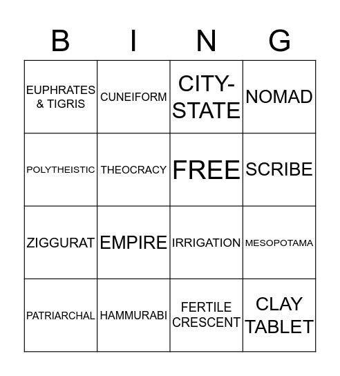 Mesopotamia Vocab Bingo Card