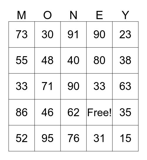 Counting Money Bingo Card