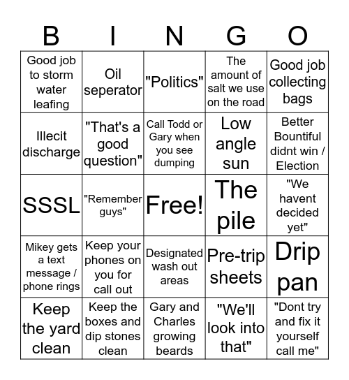 November Storm Water Meeting Bingo Card
