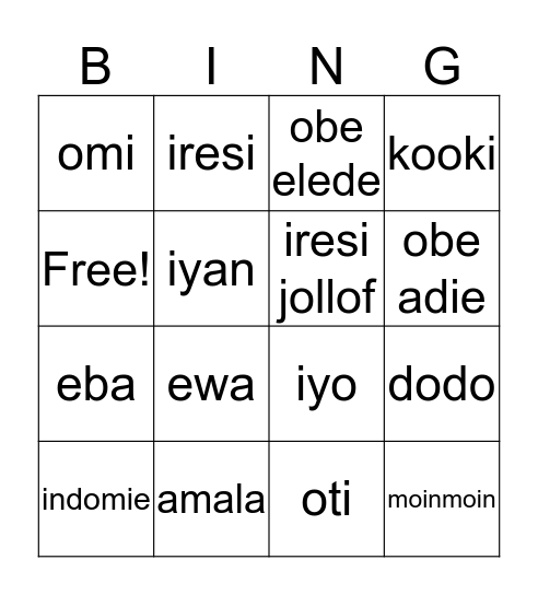 Ounje ati Ohun Mimu Yoruba Bingo Card