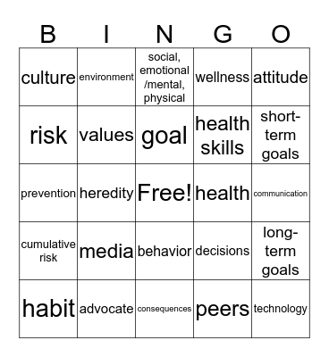 your health and wellness Bingo Card