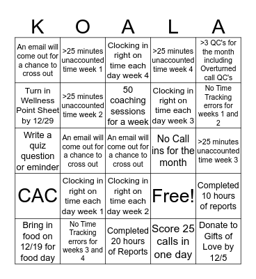 Coaching Team Bingo Card