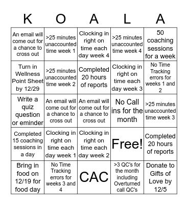 Coaching Team Bingo Card