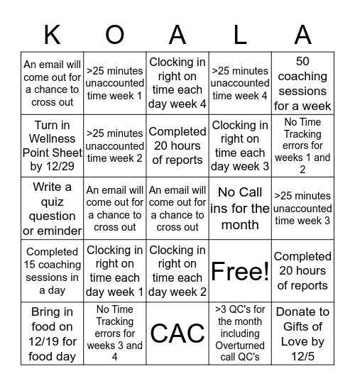 Coaching Team Bingo Card