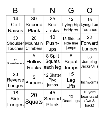 Fitness BINGO Card