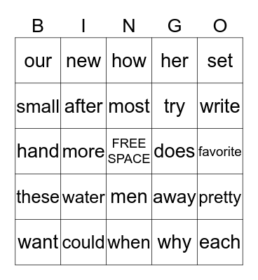 Lily's Words Bingo Card