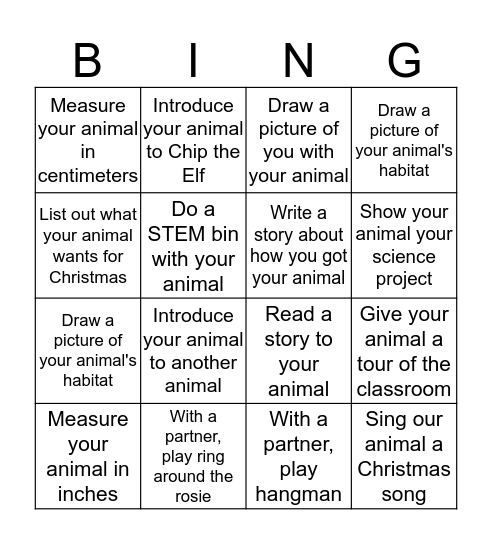 Bring a Stuffed Animal to School Day Bingo Card