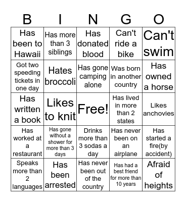 Get to know you Bingo Card