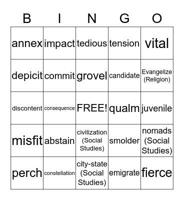 Vocabulary Unit 2 Bingo Card