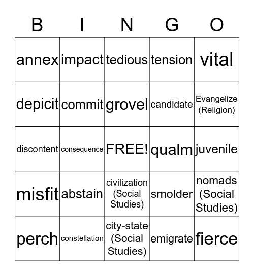 Vocabulary Unit 2 Bingo Card