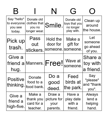 Acts of Kindness Bingo Card