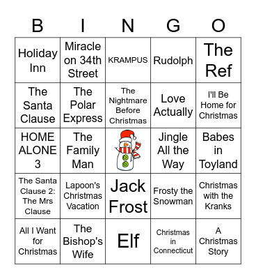 Holiday Movies Bingo Card