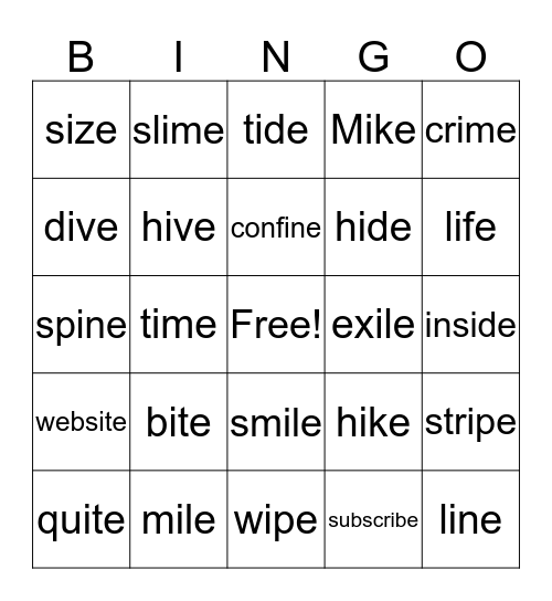 Long /i/ Bingo Card