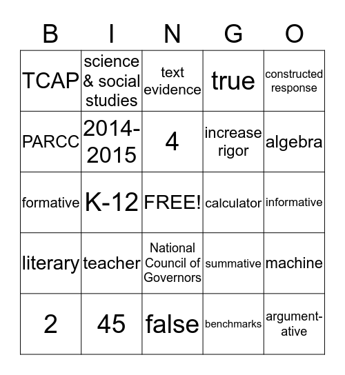 Common Core Bingo Card