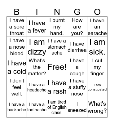 What's the matter? Bingo Card