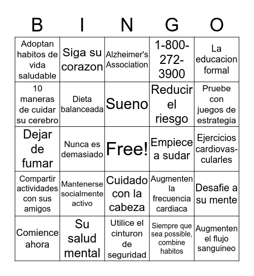 10 Maneras de Cuidar Su Cerebro Bingo Card