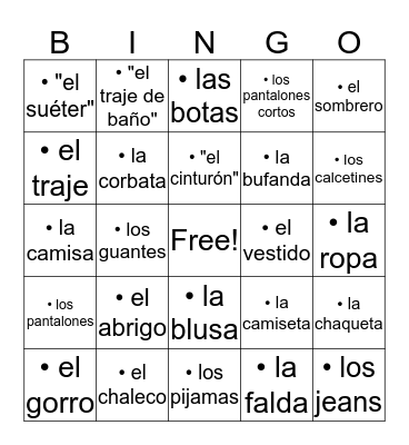 La ropa Bingo Card