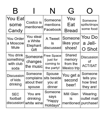 Bunco Xmas Party Bingo Card