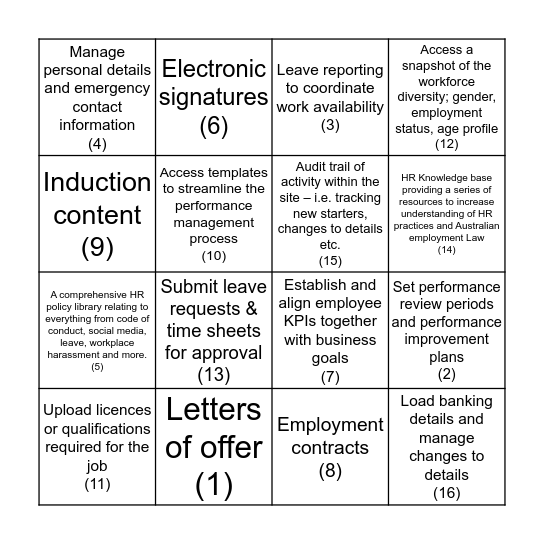 Employment Hero Bingo Card