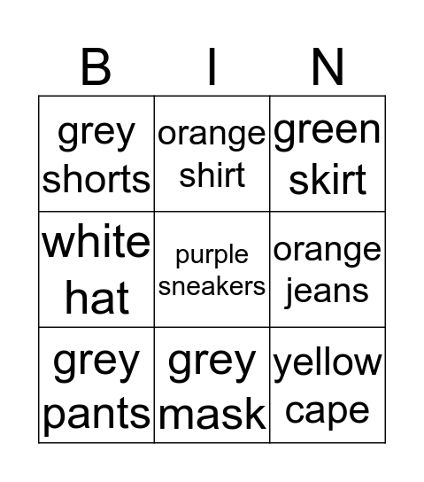 Clothes and Colours Bingo Card