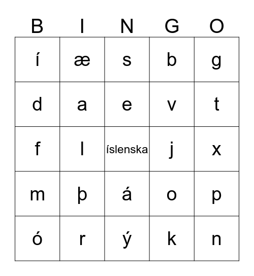Íslenska stafrófið Bingo Card