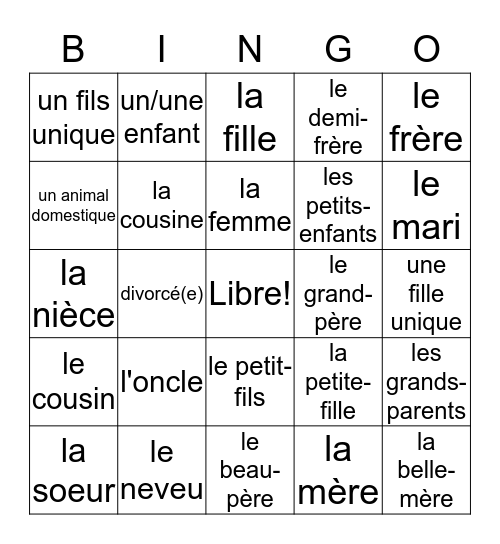 French 1 Bien Dit Chapter 3 Vocabulary 2 Bingo Card