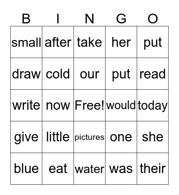 Sight Words Bingo Card