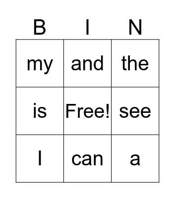 Kindergarten Sight Words Bingo Card