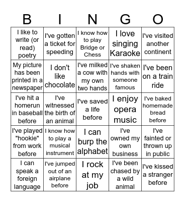 Life Experiences Bingo Card