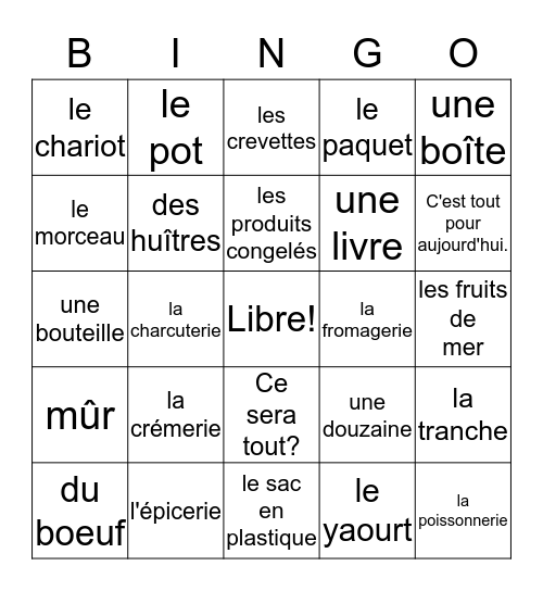 French 2 Bien Dit chapter 3 vocabulary 2 Bingo Card