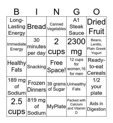 NUTRITION BINGO Card