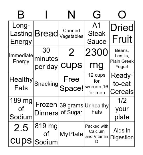 NUTRITION BINGO Card